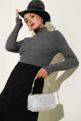 Pazarium - Balıkçı Yaka Parmak Geçirmeli Triko Kazak Füme