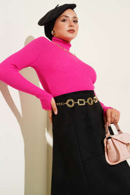 Pazarium - Balıkçı Yaka Parmak Geçirmeli Triko Kazak Fusya