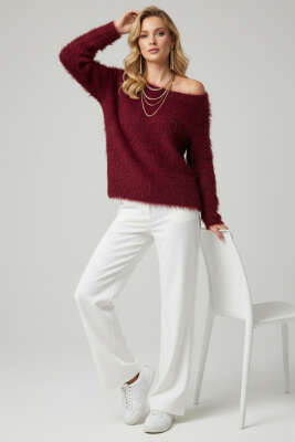 Kayık Yaka Tüylü Kazak Bordo - Thumbnail