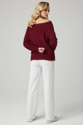 Kayık Yaka Tüylü Kazak Bordo - Thumbnail