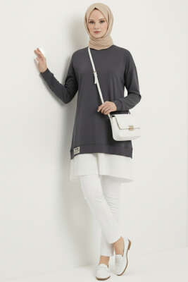 Pazarium - Armalı Alt Eteği Piliseli Tunik Füme