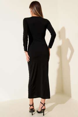 V Yaka Tokalı Midi Elbise Siyah - Thumbnail