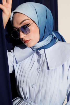 Pazarium - Şeritli Bambu Kraş Eşarp İndigo