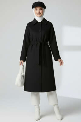 Pazarium - Kuşaklı Düğmeli Kaşe Kaban Siyah