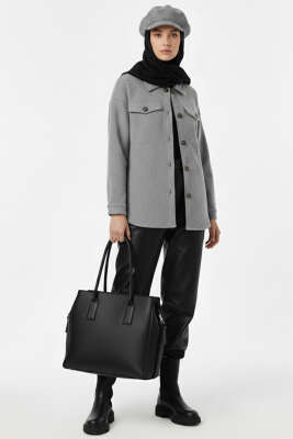 Pazarium - Kuşaklı Düğmeli Kaşe Ceket Gri