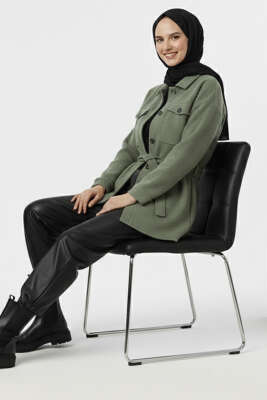 Pazarium - Kuşaklı Düğmeli Kaşe Ceket Mint