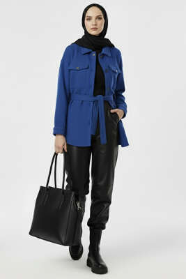 Pazarium - Kuşaklı Düğmeli Kaşe Ceket Saks