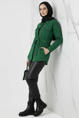Pazarium - Kuşaklı Düğmeli Kaşe Ceket Zümrüt