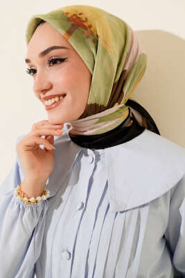 Pazarium - Çiçekli Şeritli Bambu Kraş Eşarp Siyah Haki