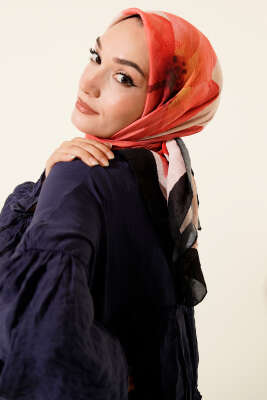 Pazarium - Çiçekli Şeritli Bambu Kraş Eşarp Siyah Bej