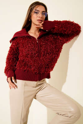 Pazarium - Saçaklı Detaylı Fermuarlı Hırka Bordo