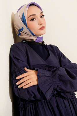 Pazarium - Çiçekli Şeritli Bambu Kraş Eşarp Mor