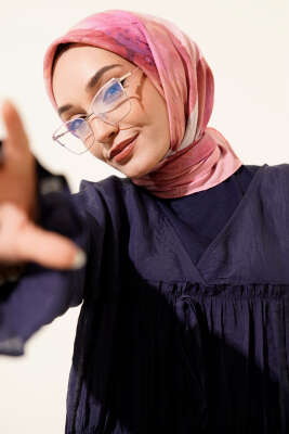 Pazarium - Çiçekli Şeritli Bambu Kraş Eşarp Pembe