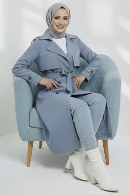 Pazarium - Kruvaze Pelerinli Kuşaklı Trençkot Mavi