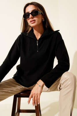 Pazarium - Selanik Yaka Fermuarlı Sweatshirt Siyah