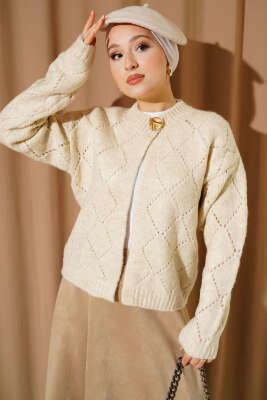 Delikli Baklava Desenli Triko Hırka Bej - Thumbnail