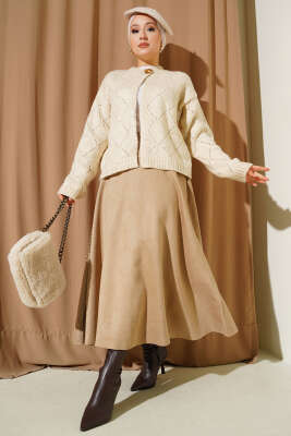 Delikli Baklava Desenli Triko Hırka Bej - Thumbnail