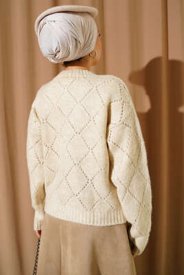 Delikli Baklava Desenli Triko Hırka Bej - Thumbnail