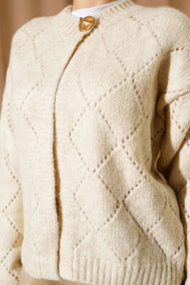 Delikli Baklava Desenli Triko Hırka Bej - Thumbnail