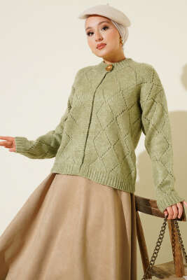 Delikli Baklava Desenli Triko Hırka Çağla Yeşili - Thumbnail