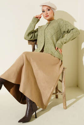 Delikli Baklava Desenli Triko Hırka Çağla Yeşili - Thumbnail