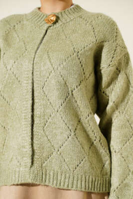 Delikli Baklava Desenli Triko Hırka Çağla Yeşili - Thumbnail