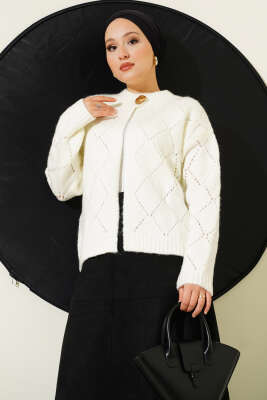 Delikli Baklava Desenli Triko Hırka Ekru - Thumbnail