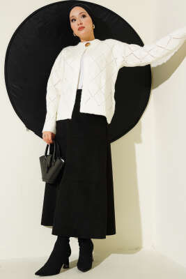 Delikli Baklava Desenli Triko Hırka Ekru - Thumbnail