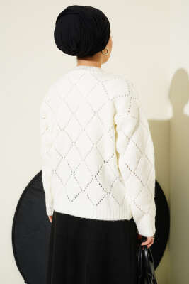 Delikli Baklava Desenli Triko Hırka Ekru - Thumbnail