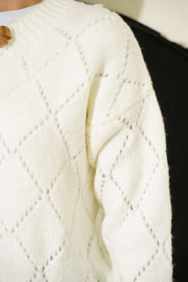 Delikli Baklava Desenli Triko Hırka Ekru - Thumbnail