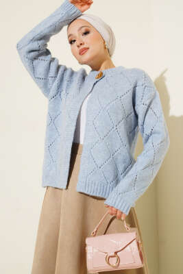 Delikli Baklava Desenli Triko Hırka Mavi - Thumbnail