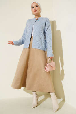 Delikli Baklava Desenli Triko Hırka Mavi - Thumbnail