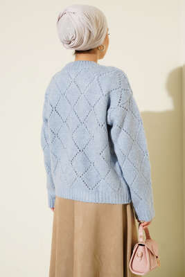 Delikli Baklava Desenli Triko Hırka Mavi - Thumbnail