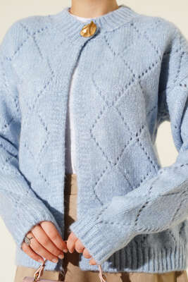 Delikli Baklava Desenli Triko Hırka Mavi - Thumbnail