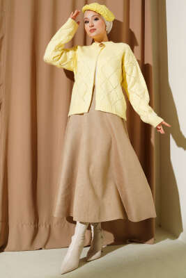 Delikli Baklava Desenli Triko Hırka Sarı - Thumbnail