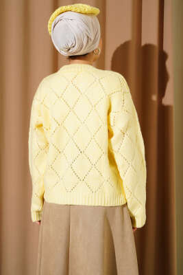 Delikli Baklava Desenli Triko Hırka Sarı - Thumbnail