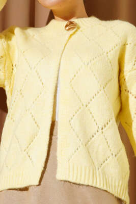 Delikli Baklava Desenli Triko Hırka Sarı - Thumbnail