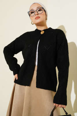 Pazarium - Delikli Baklava Desenli Triko Hırka Siyah