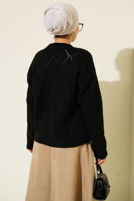 Delikli Baklava Desenli Triko Hırka Siyah - Thumbnail