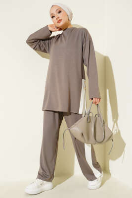 Pazarium - Gold Düğmeli Garnili Loyşa İkili Takım Vizon