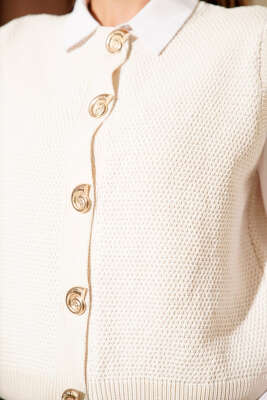 Düğme Detaylı Örgü Hırka Bej - Thumbnail