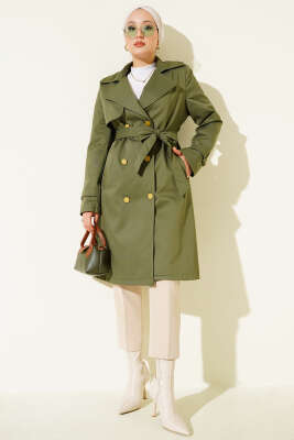 Pazarium - Tek Omuz Apoletli Kruvaze Trençkot Haki