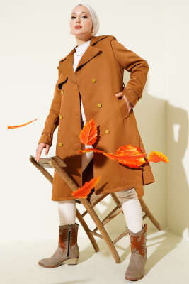 Pazarium - Tek Omuz Apoletli Kruvaze Trençkot Taba