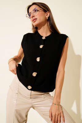 Düğme Detaylı Örgü Hırka Siyah - Thumbnail