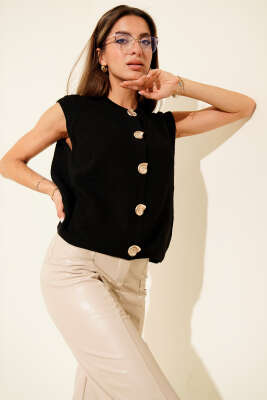 Düğme Detaylı Örgü Hırka Siyah - Thumbnail