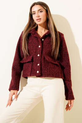 Pazarium - Gömlek Yaka Cepli Kısa Kaşe Ceket Bordo