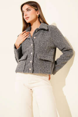 Gömlek Yaka Cepli Kısa Kaşe Ceket Füme - Thumbnail