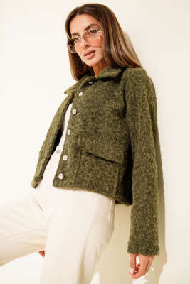 Pazarium - Gömlek Yaka Cepli Kısa Kaşe Ceket Haki