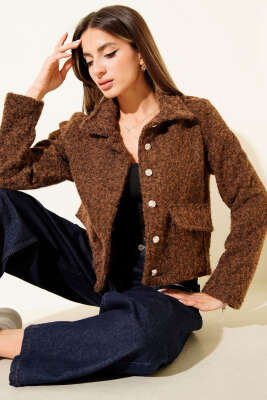 Pazarium - Gömlek Yaka Cepli Kısa Kaşe Ceket Kahve