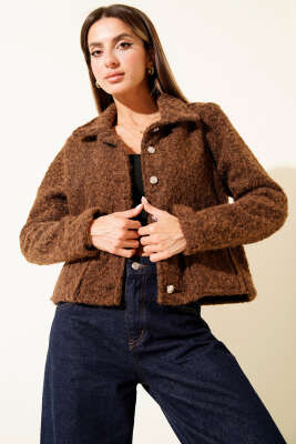 Gömlek Yaka Cepli Kısa Kaşe Ceket Kahve - Thumbnail